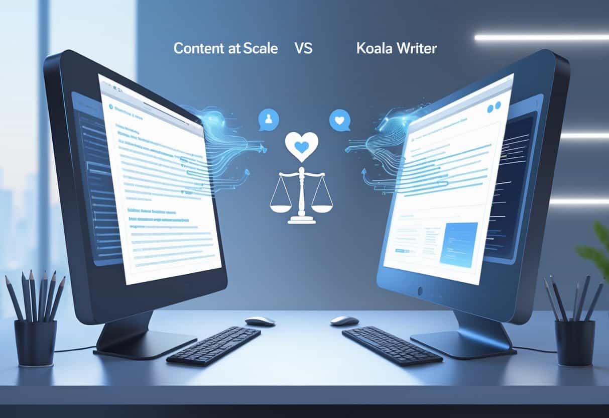 Two computer screens side by side on a desk with glowing icons representing human-like communication, connected by a balanced scale symbolizing comparison.