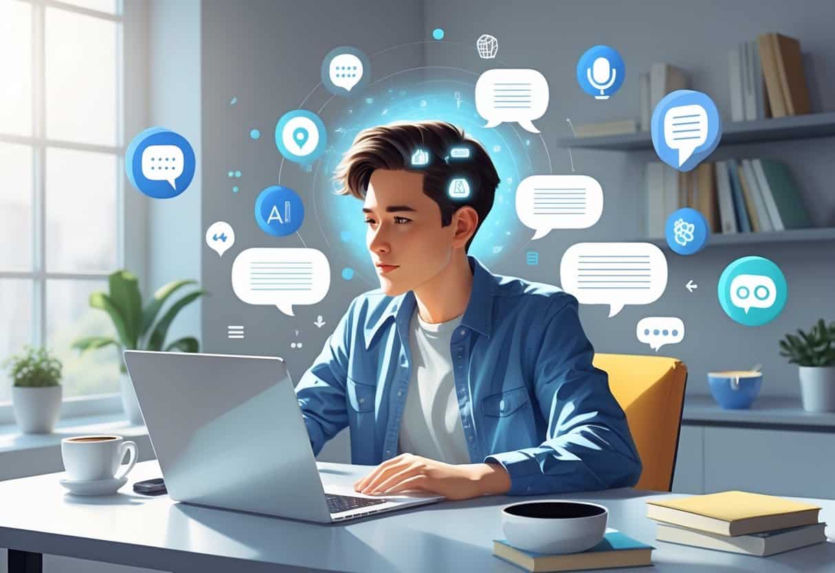 A person sitting at a desk with a laptop, surrounded by icons representing writing and AI tools, appearing thoughtful and creative in a bright workspace.
