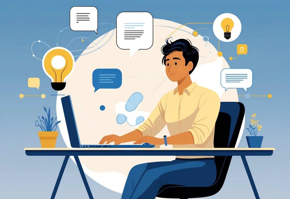 A person working at a desk with a laptop, surrounded by floating icons symbolizing AI writing tools and creativity.
