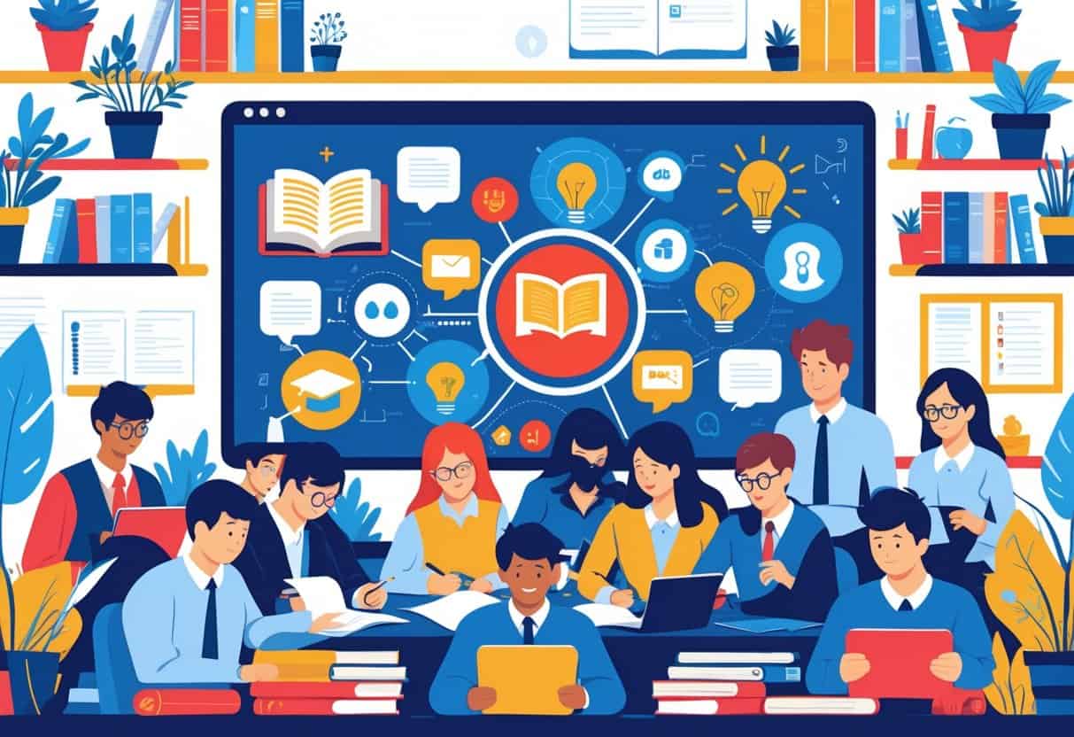 A group of students and teachers interacting in a bright classroom with educational icons on a digital screen and books on shelves.