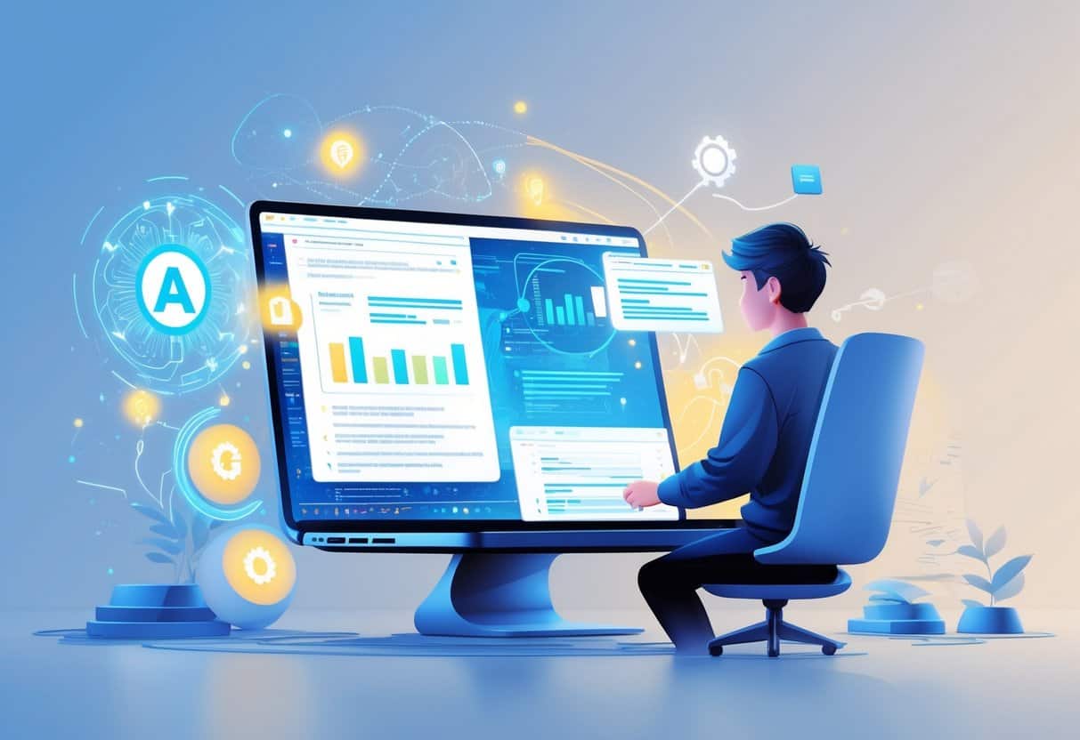 A person working at a laptop surrounded by digital and holographic elements representing artificial intelligence assisting in blogging.