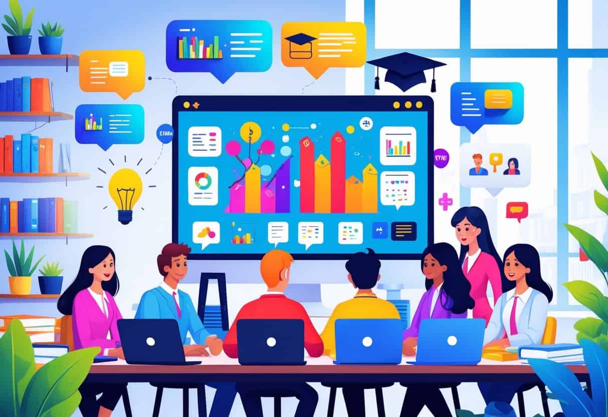 A group of students and teachers gathered around a large digital screen showing education-related icons and charts in a bright, modern workspace with bookshelves and plants.