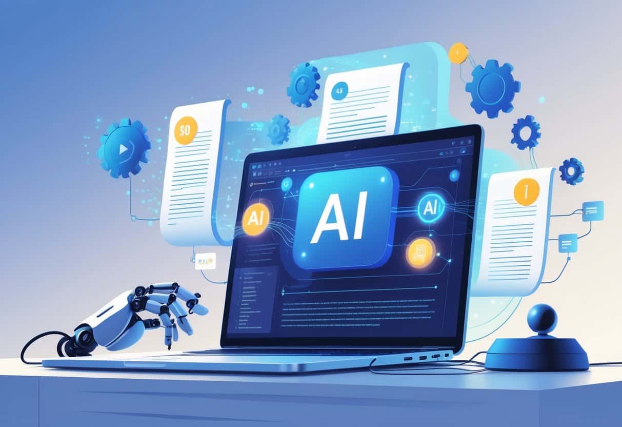 A workspace with a laptop showing AI symbols and a robotic hand typing, representing AI tools changing blogging.