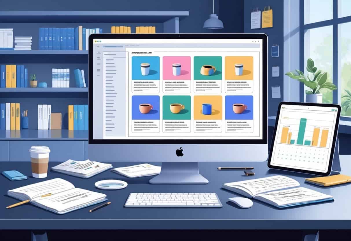 A workspace with a computer showing a product roundup webpage, notebooks, coffee, smartphone with charts, and a bookshelf in the background.