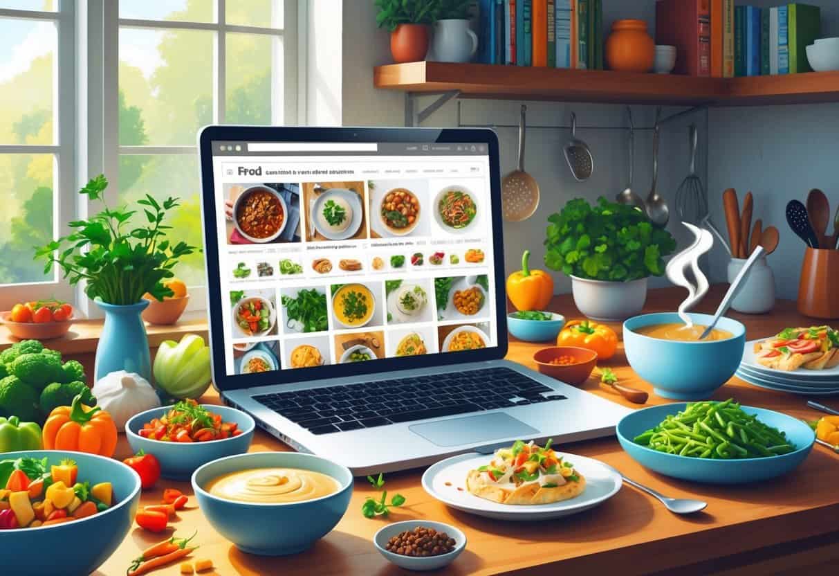 A kitchen countertop filled with fresh ingredients, cooking utensils, a laptop showing food images, and a steaming cup of coffee.