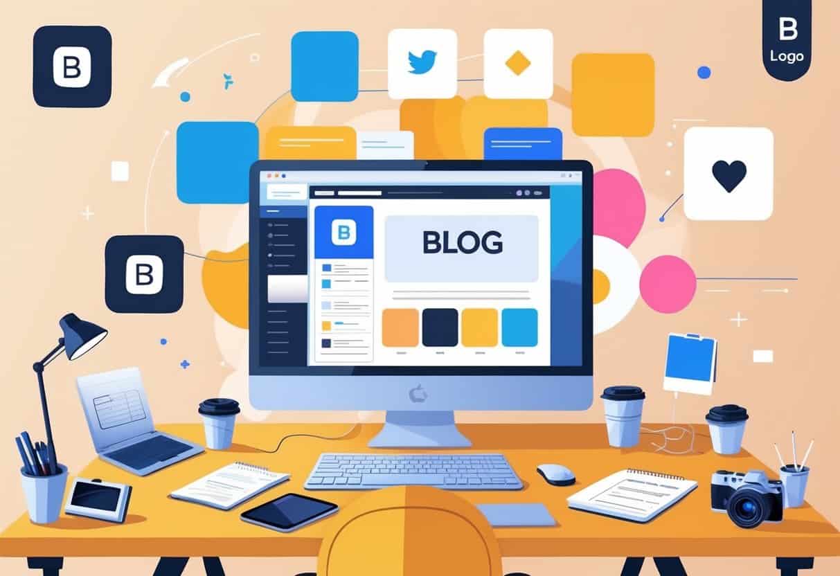 A person working at a desk with a laptop showing a blog, surrounded by brand design elements like logos, color swatches, and social media icons.