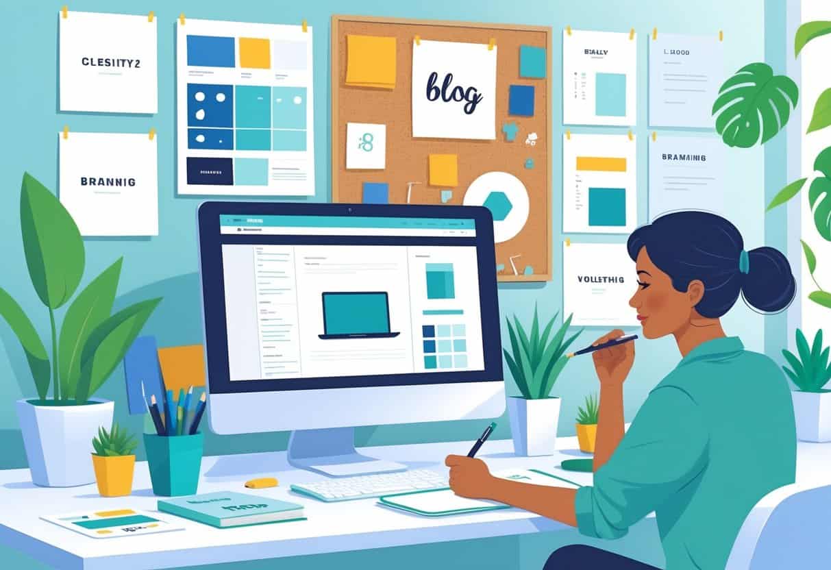 A person working at a desk with a computer and branding materials like color palettes, typography samples, and logo sketches arranged around, illustrating the process of creating a blog’s brand identity.
