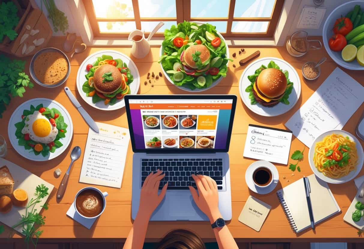 Top-down view of a kitchen workspace with a laptop showing food images, various plated dishes, recipe cards, and fresh ingredients.