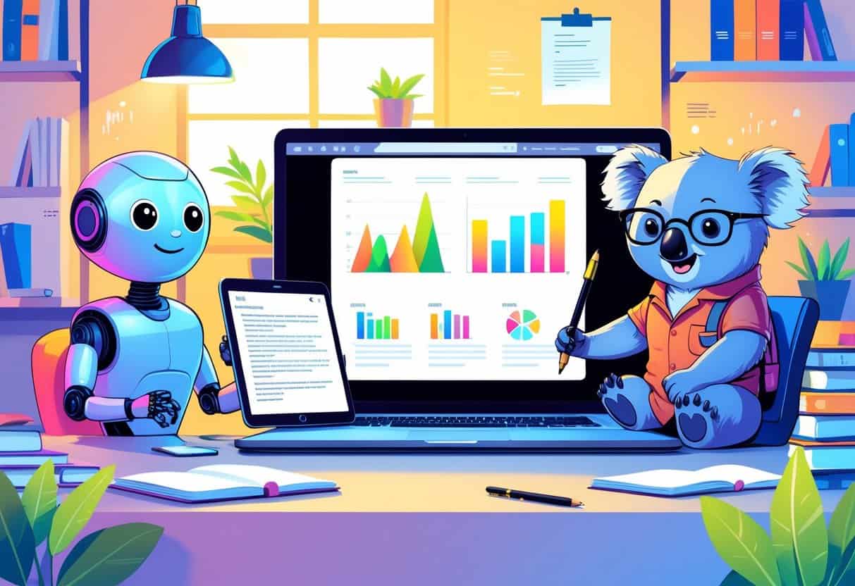 Two characters, a futuristic robot and a koala wearing glasses, are positioned on either side of a laptop displaying charts and text, set in a modern office environment.