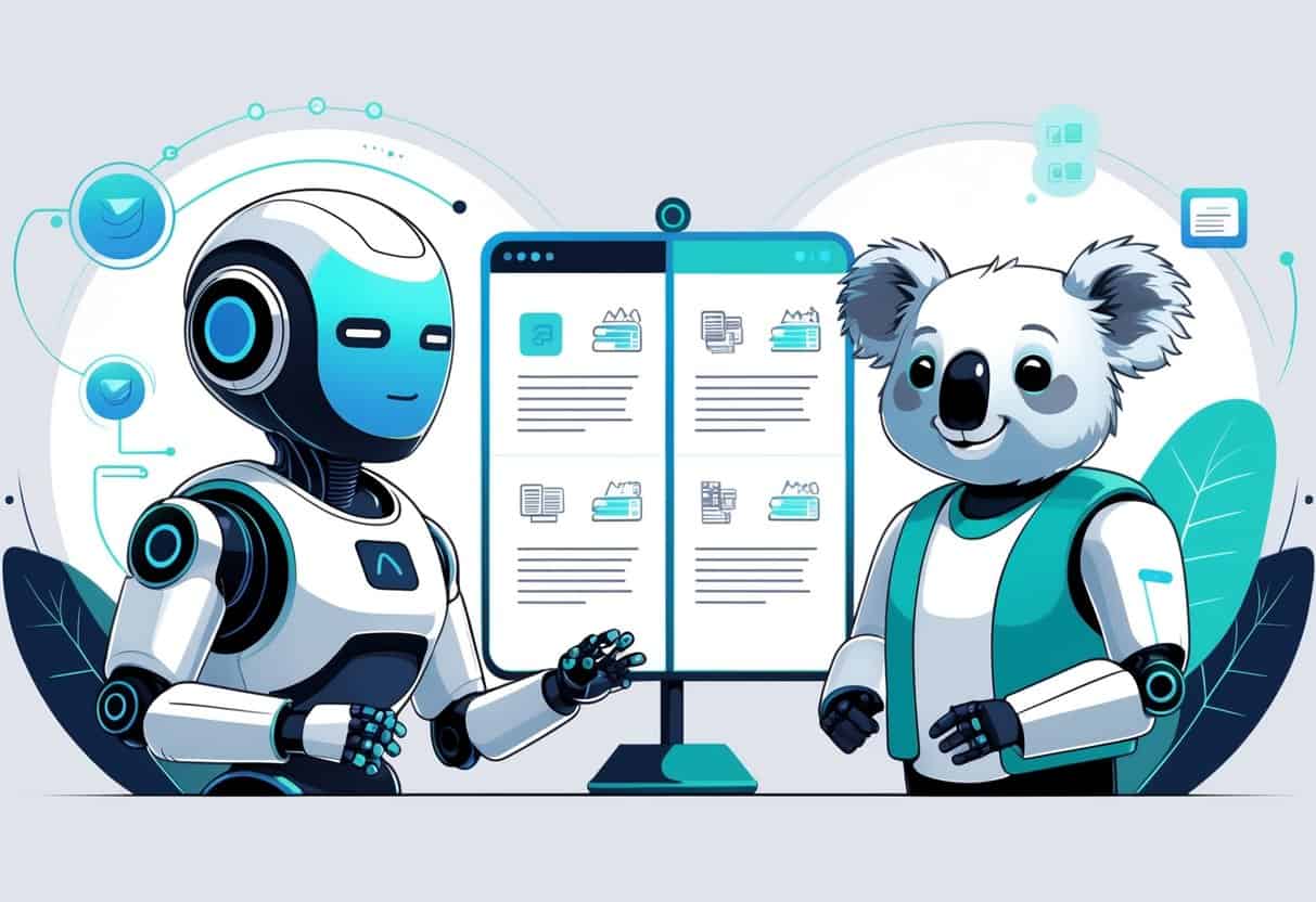Two distinct AI robots facing each other, symbolizing a comparison of their blog writing capabilities, with icons representing writing features between them.