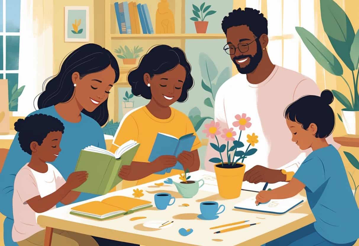 Parents and children spending quality time together at home, engaging in reading, art, and gardening activities.