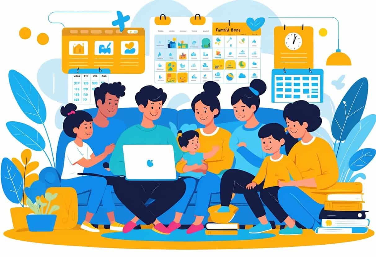 A group of parents and children spending time together in a cozy home, with one parent using a laptop while children play nearby.