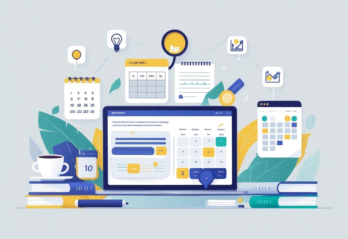 A workspace with a laptop, notebooks, smartphone, and icons representing steps of a blogging workflow like idea generation, writing, editing, scheduling, and publishing.