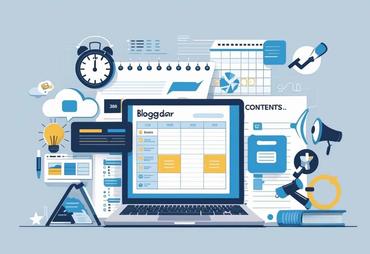 A workspace with a laptop showing a content calendar and icons representing stages of blogging such as idea generation, writing, editing, publishing, and promotion.