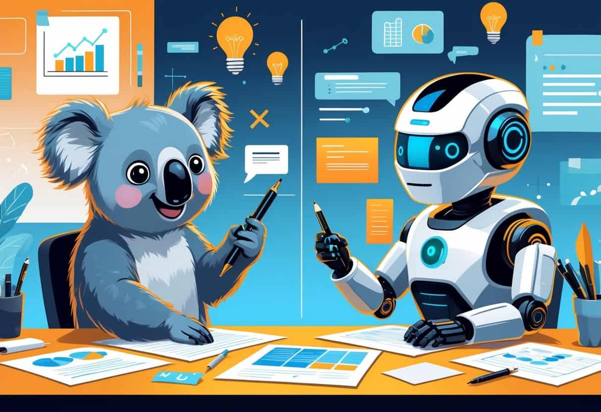 Two characters, a koala holding a pen and a futuristic robot, sit opposite each other at a desk covered with papers and charts in a modern office setting.