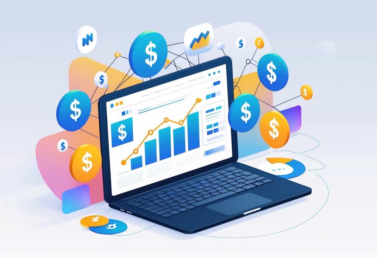 A laptop showing a blog webpage surrounded by icons representing advertising networks and digital monetization.