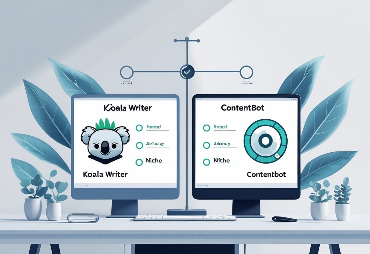 Two modern computer screens side by side on a desk, each representing a different AI writing tool with distinctive icons and design elements, and a balanced scale with feature icons between them.