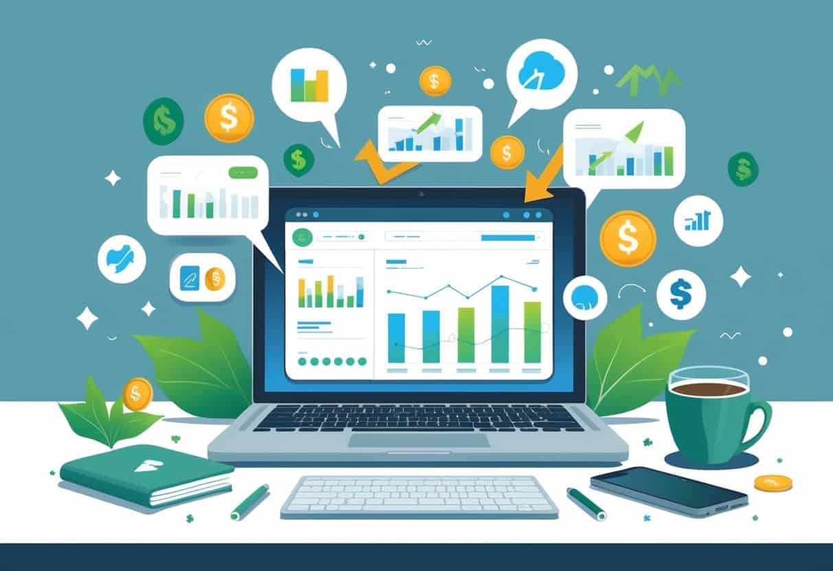 A workspace with a laptop showing blog analytics surrounded by icons representing advertising networks and symbols of revenue growth.