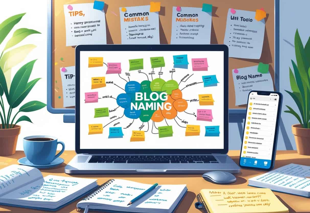 A workspace with a laptop, notebooks, sticky notes, and a whiteboard showing ideas about naming a blog.