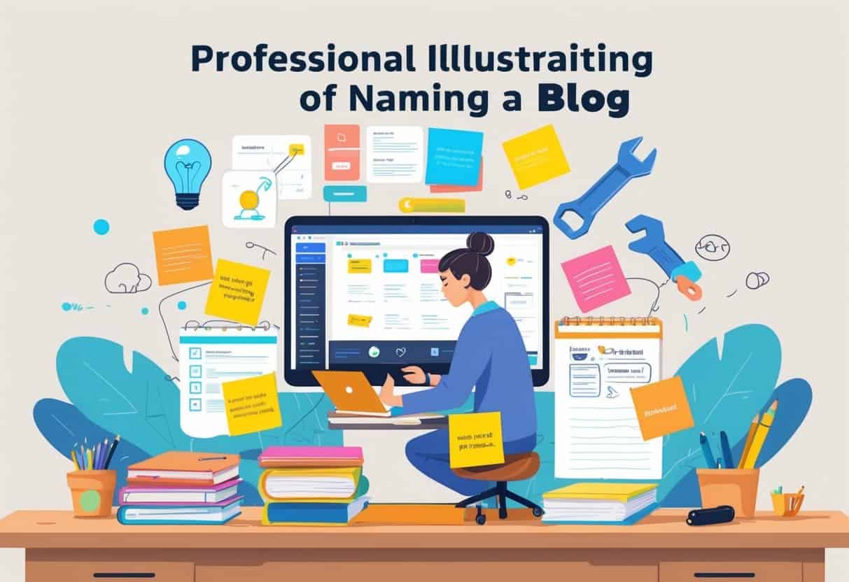A person brainstorming blog name ideas at a desk with notebooks, a laptop, sticky notes, and icons representing ideas, tools, and warnings.