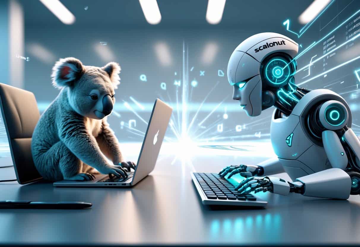Two figures representing AI writing tools compete side by side, one a koala typing on a laptop and the other a futuristic robot using a holographic keyboard, with digital effects showing speed and accuracy between them.