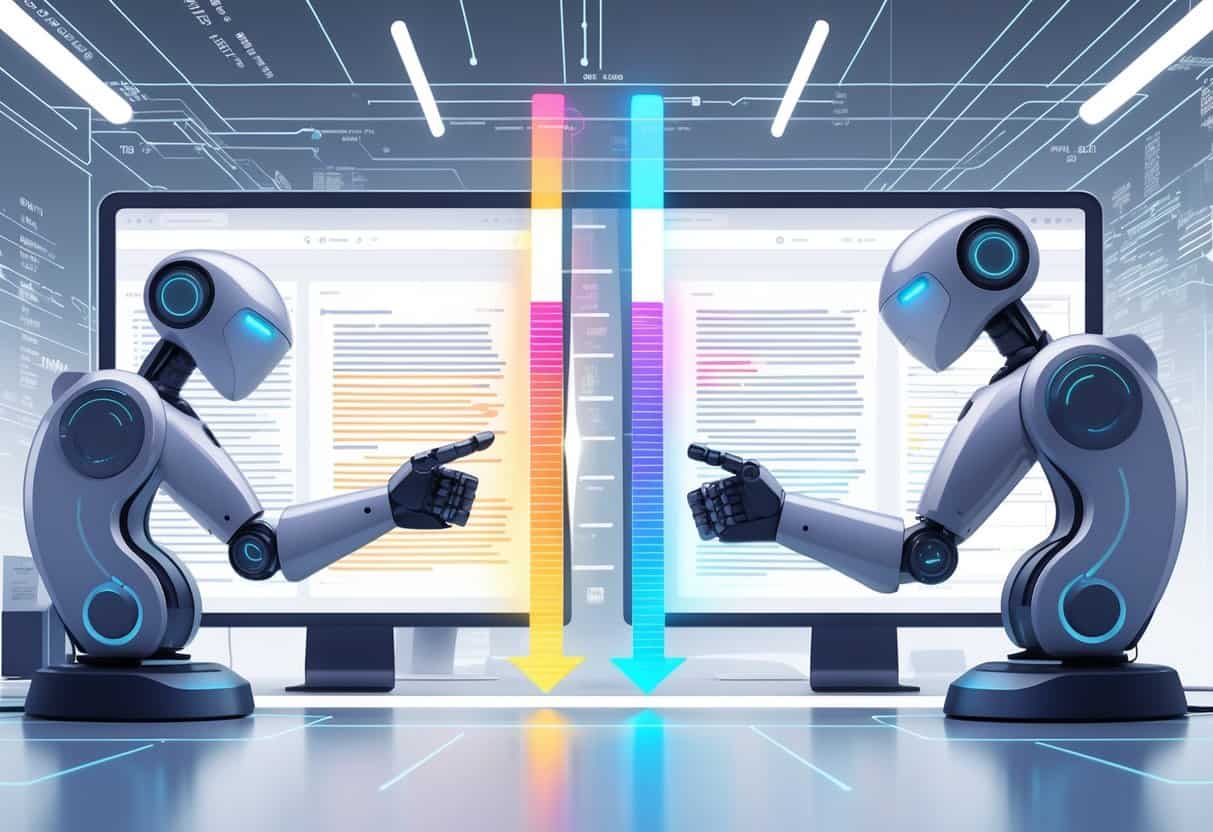 Two futuristic robotic arms working on separate holographic screens in a high-tech office, with a central speedometer showing a comparison of speed and accuracy.