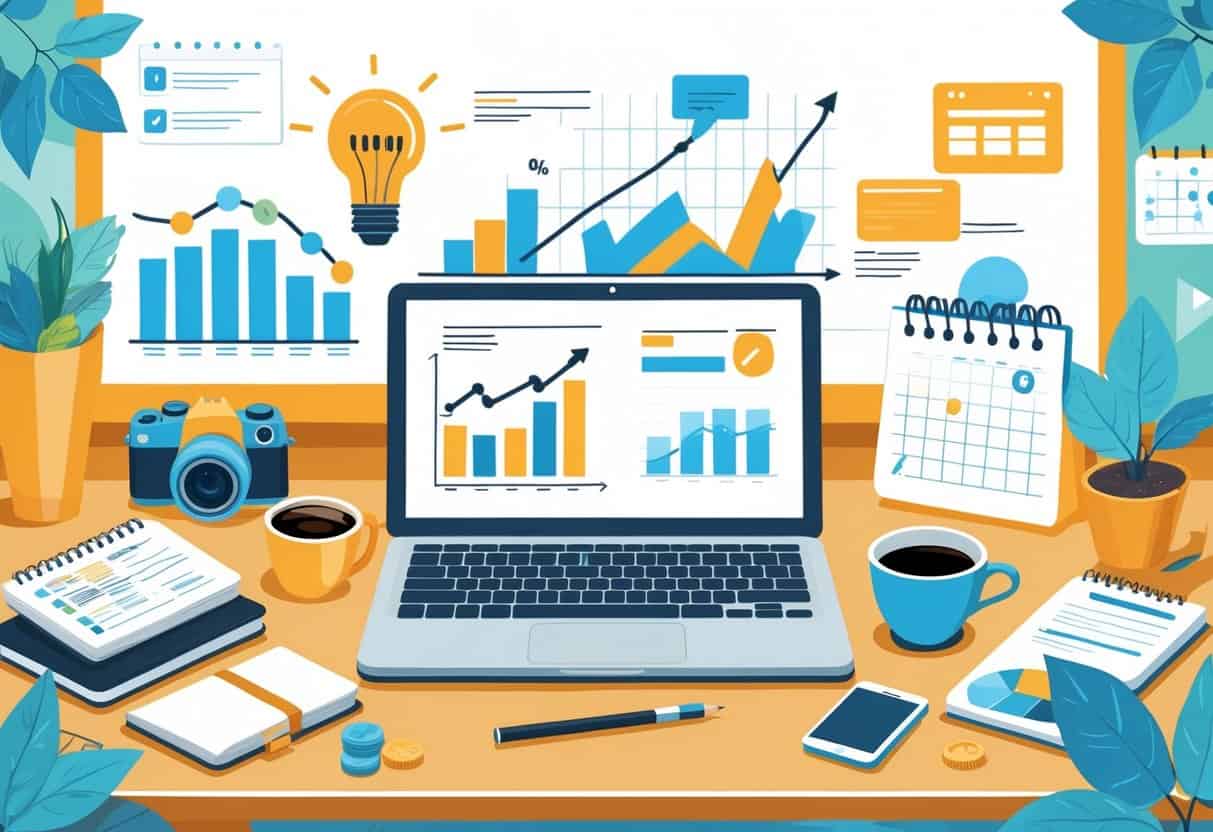 A person working at a desk with a laptop showing growth charts, surrounded by blogging tools and symbols of income and creativity.