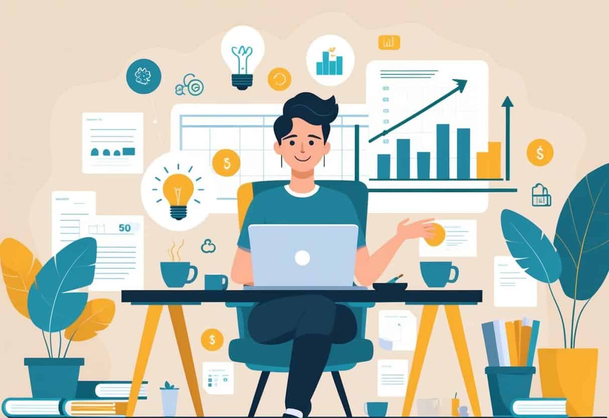 A person working at a desk with a laptop, surrounded by symbols of ideas, growth charts, and planning materials.
