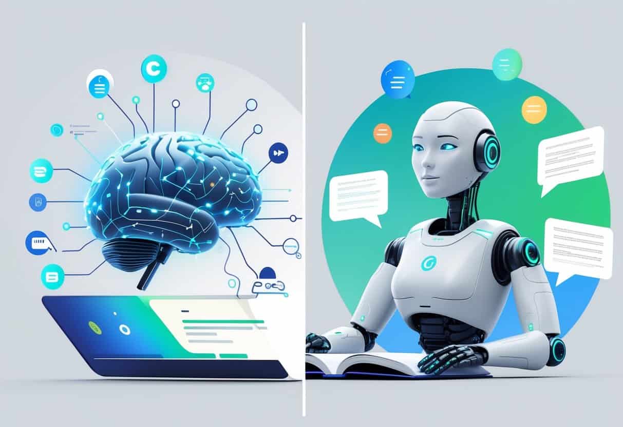 An illustration showing two AI concepts side by side: a brain with glowing nodes representing SEO optimization, and a humanoid robot surrounded by floating text representing general AI writing.
