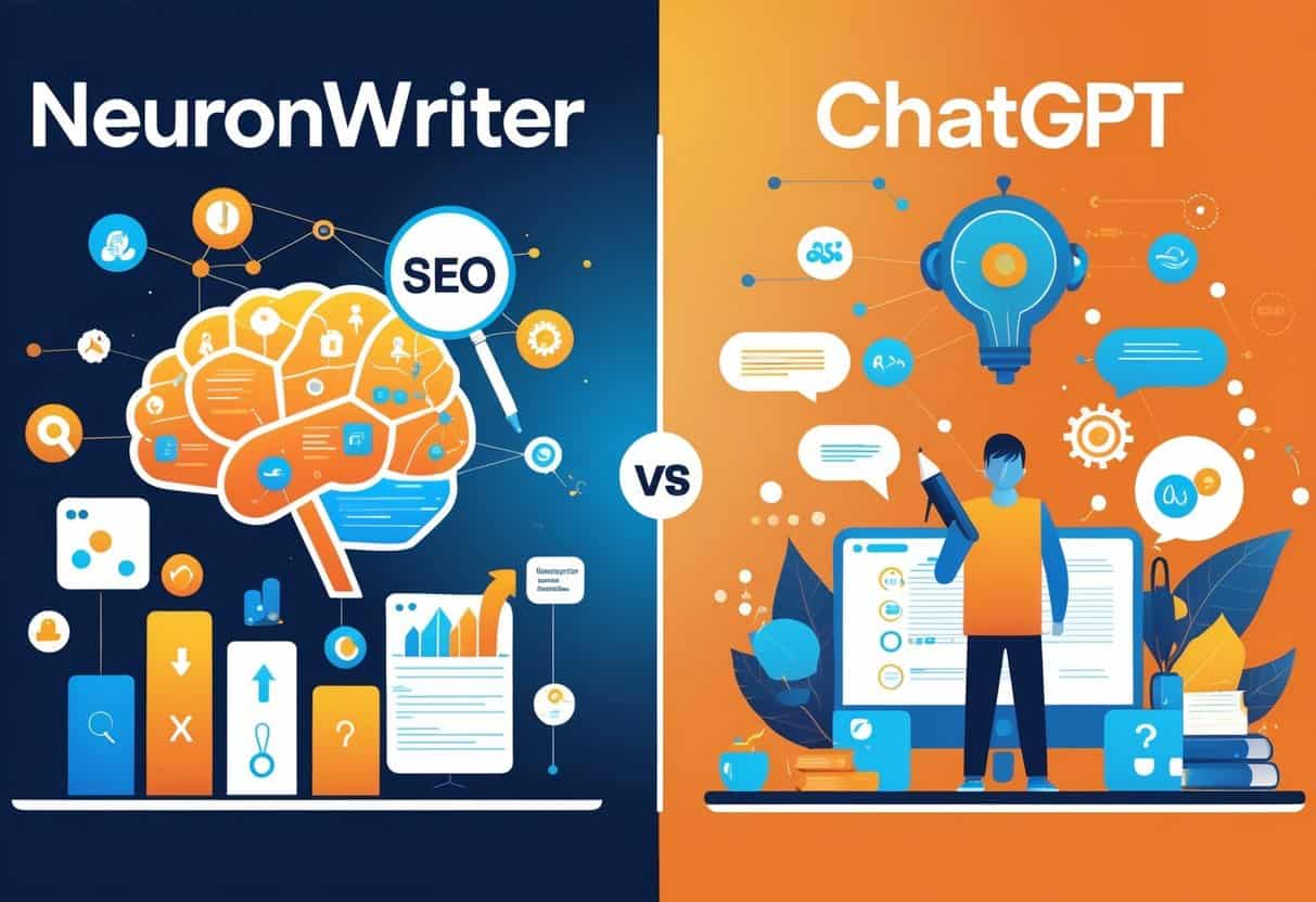 An illustration showing two sides: one with SEO-related icons like graphs and search symbols representing NeuronWriter, and the other with an AI figure surrounded by writing tools and creative symbols representing ChatGPT.