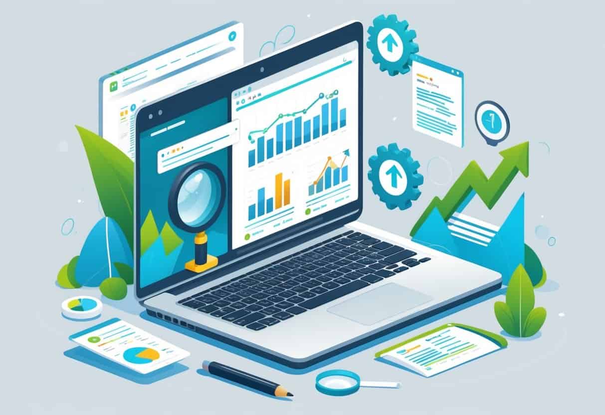 A workspace with a laptop showing charts and icons representing SEO and blog writing, including a magnifying glass, pencil, gear, and upward arrows.