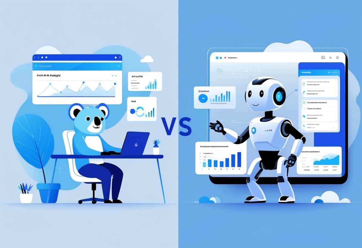 Two characters representing AI writing tools, a koala using a laptop and a robot interacting with a holographic interface, surrounded by icons symbolizing blogging features.