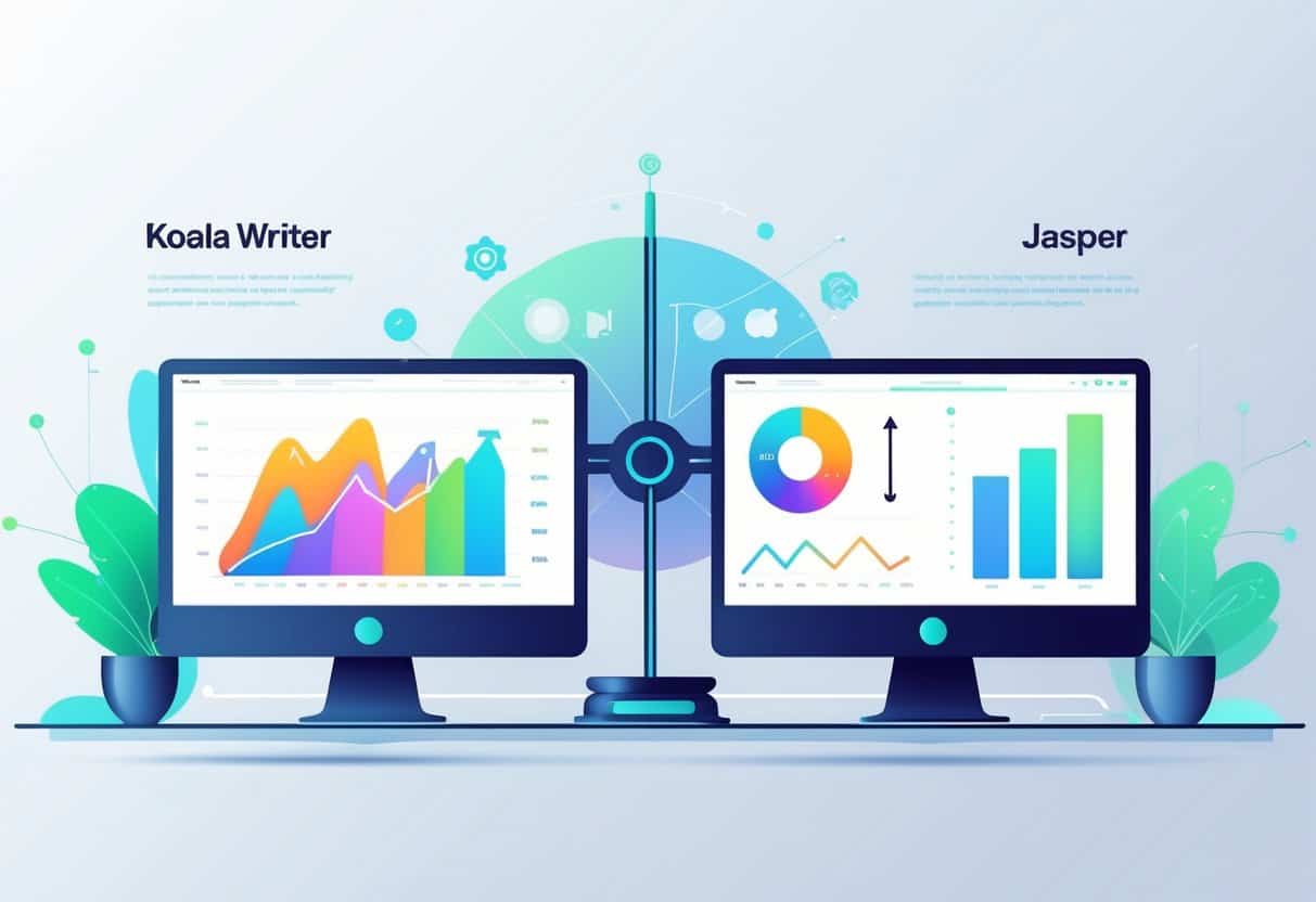 Two computer screens side by side on a desk showing colorful graphs and icons comparing the scalability features of two blogging tools.
