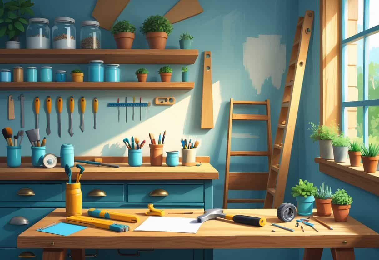 A home workshop with tools on a workbench, shelves with supplies, and a home improvement project in progress near a window.