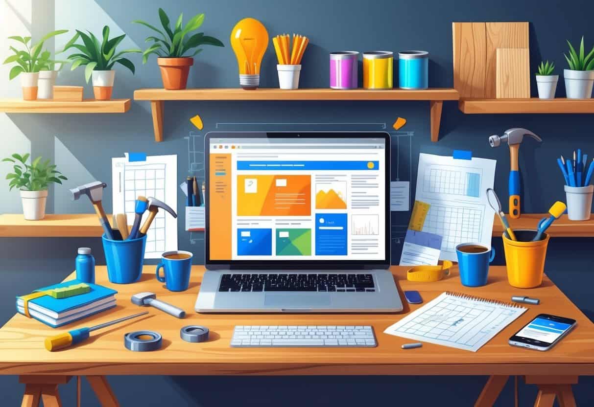 A workspace with a laptop, home improvement tools, notebooks, and plants arranged neatly on a wooden desk.