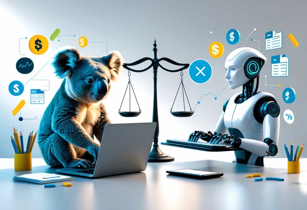 A koala at a desk with a laptop and affiliate marketing icons on one side, and a futuristic robot typing on a keyboard with digital content symbols on the other, separated by a balanced scale.