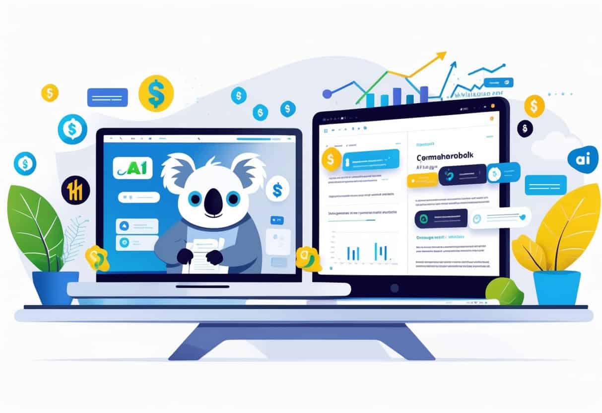 Two computer screens on a desk showing a koala mascot typing and an AI writing interface, representing a comparison between two writing tools.