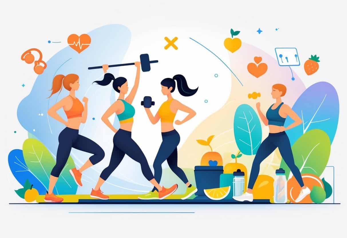 A group of diverse people exercising with yoga, weightlifting, running, and cycling surrounded by fitness-related icons and healthy items.