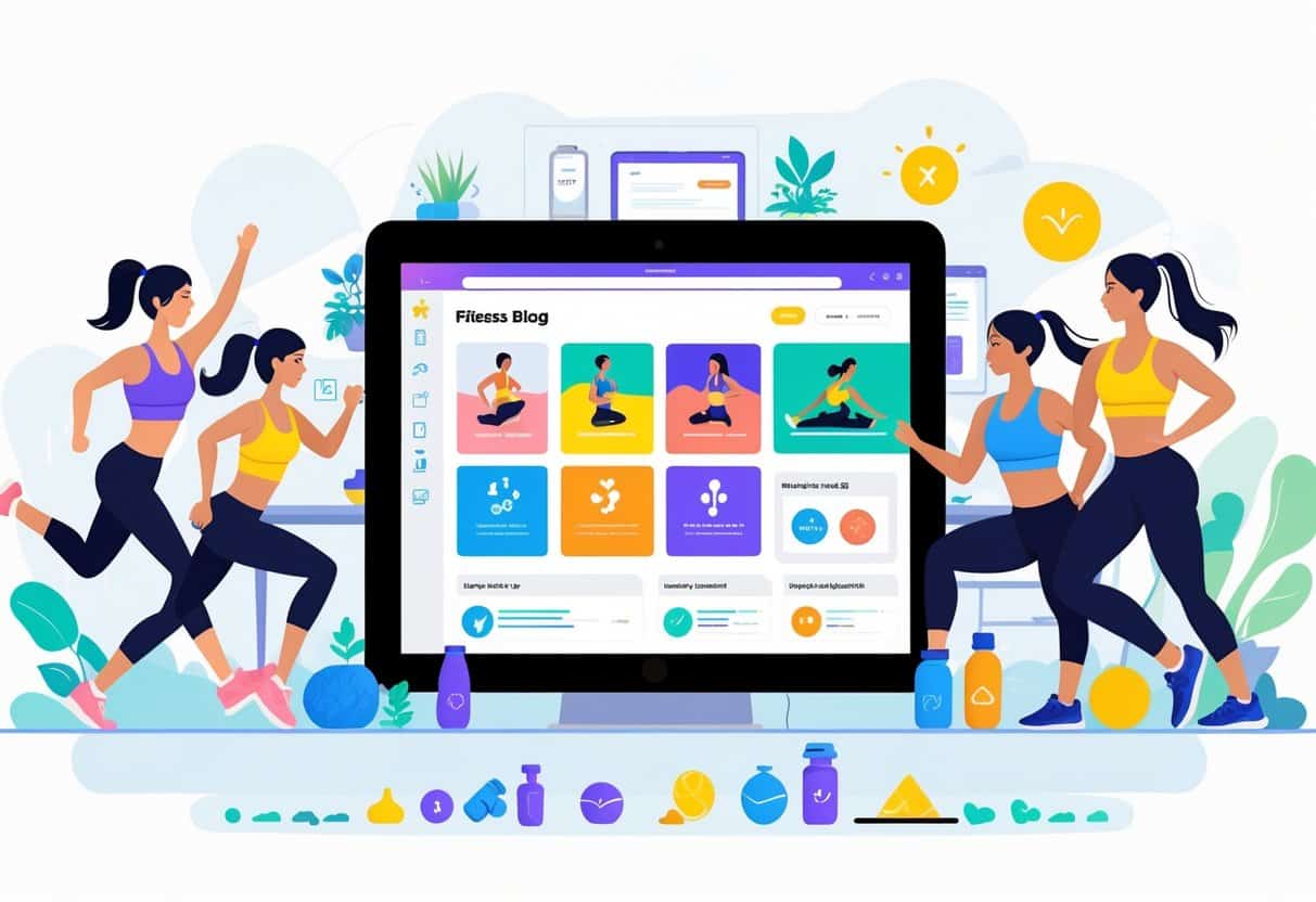 People doing various fitness activities around a digital device showing a fitness blog interface, with fitness gear and healthy items nearby in a calm workspace.