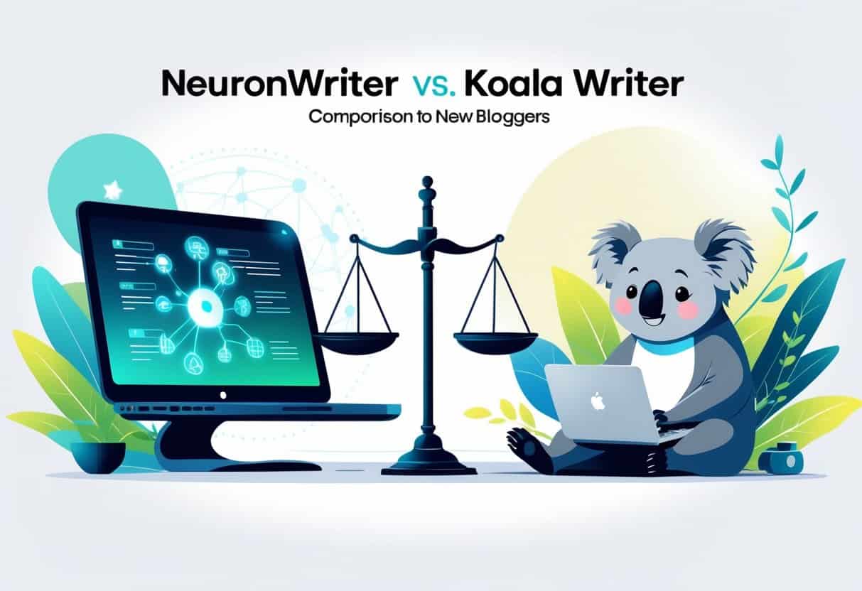 A side-by-side illustration comparing two writing tools: one represented by a digital workspace with neural network patterns, and the other by a koala using a laptop surrounded by eucalyptus leaves.