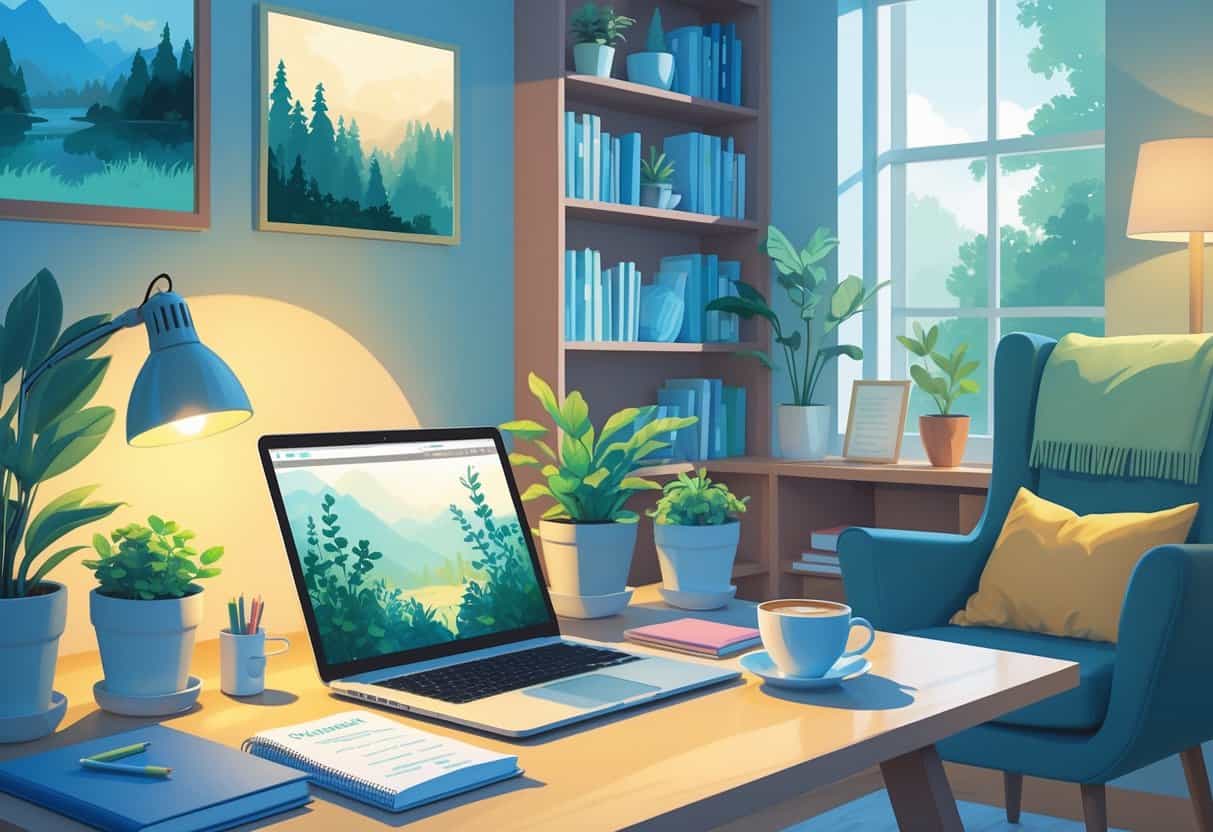 A cozy workspace with a laptop, plants, books, and soft lighting, creating a calm and supportive environment for mental health and wellness.