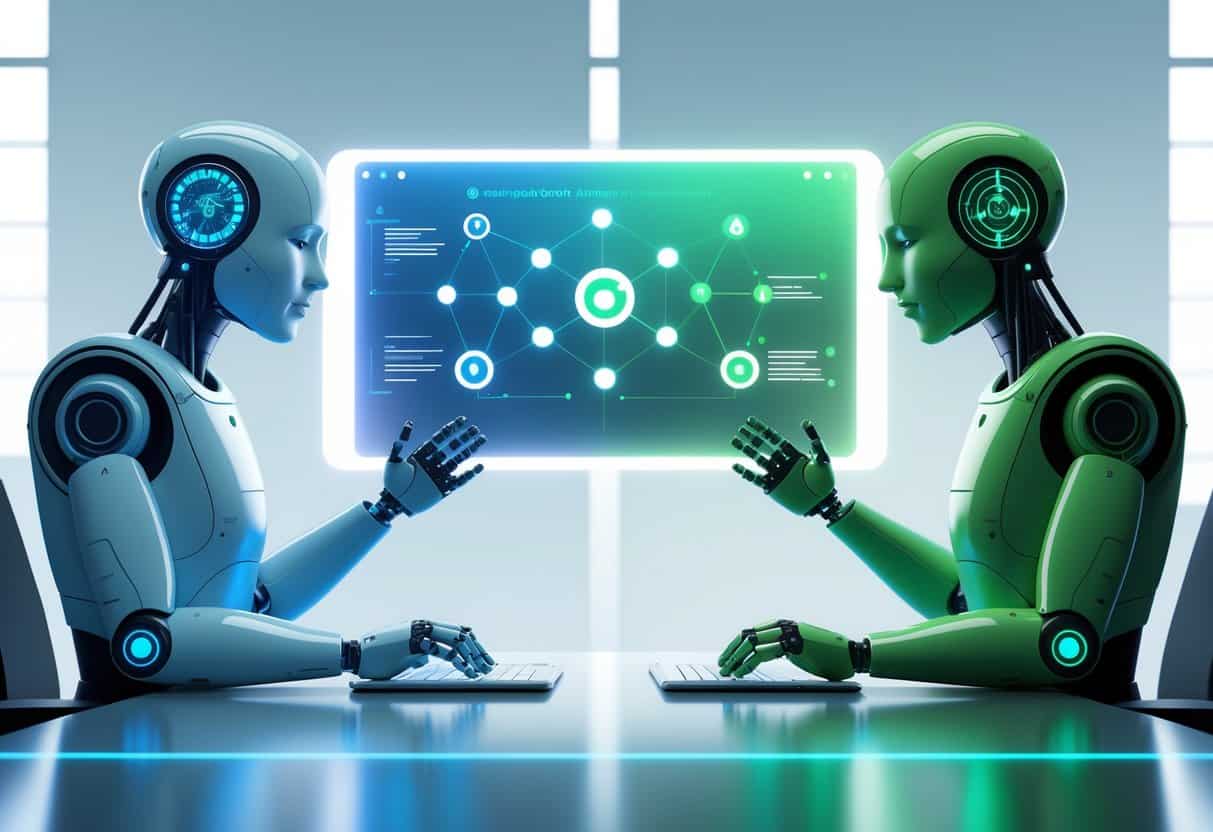 Two humanoid robots face each other across a digital table with a holographic screen displaying interconnected topic clusters, representing a comparison between two AI writing tools.