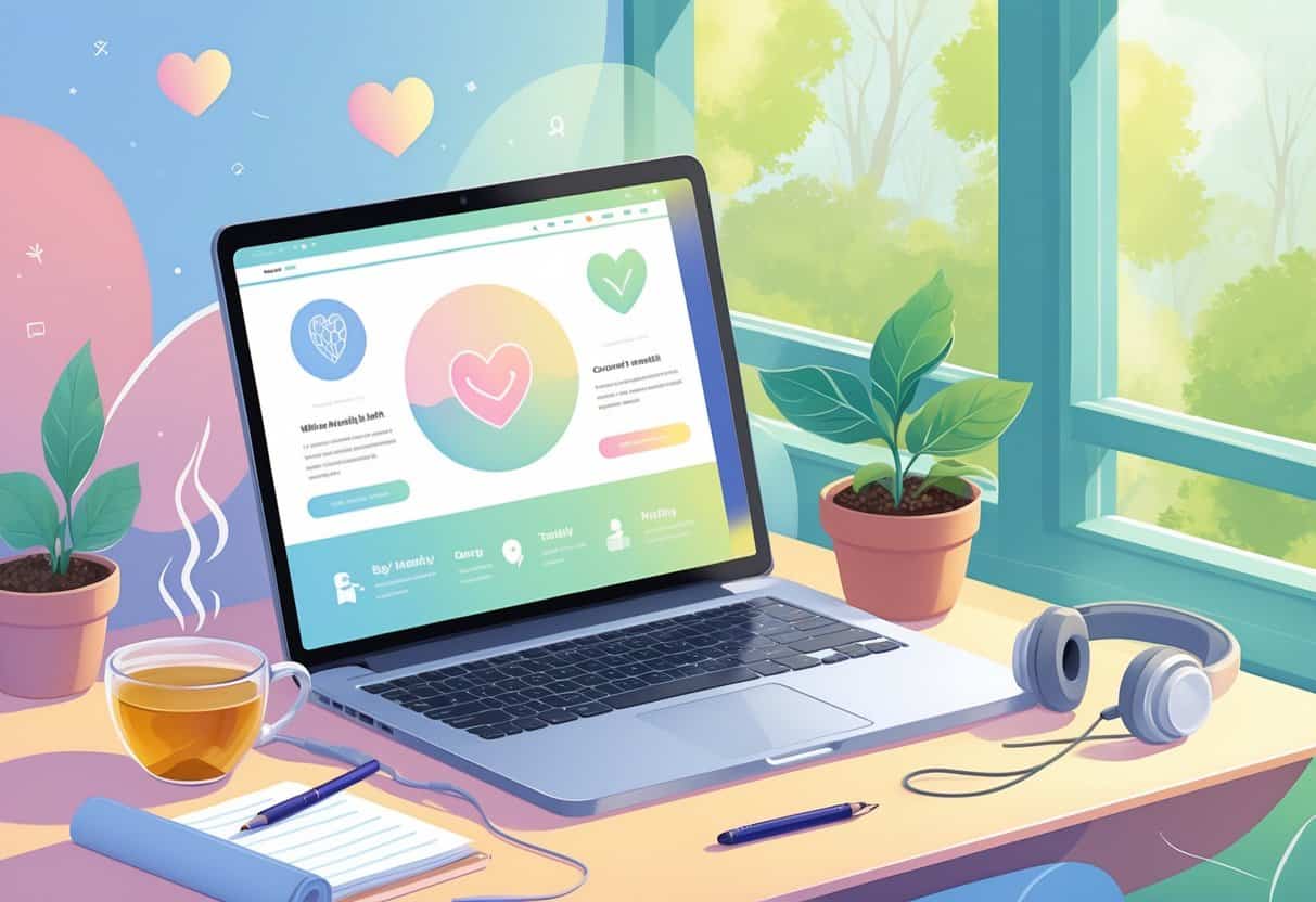 A cozy workspace with a laptop, cup of tea, plant, journal, and headphones, bathed in natural light, symbolizing support and wellness for mental health.
