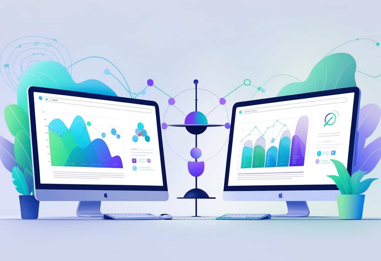Two computer screens side by side showing colorful data visualizations and topic clusters, with icons representing writing and SEO, illustrating a comparison between two AI writing tools.