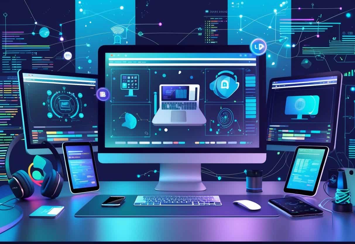 A modern workspace with multiple screens showing technology-related icons and gadgets, surrounded by tech accessories and digital elements.