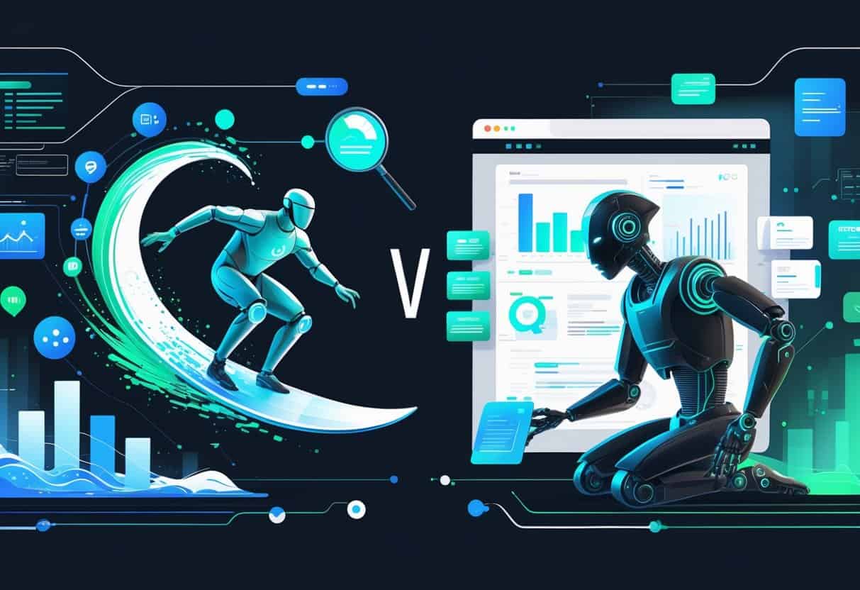A futuristic scene showing a surfer riding a wave of data on one side and a humanoid robot organizing digital documents on the other side, set in a modern office environment.