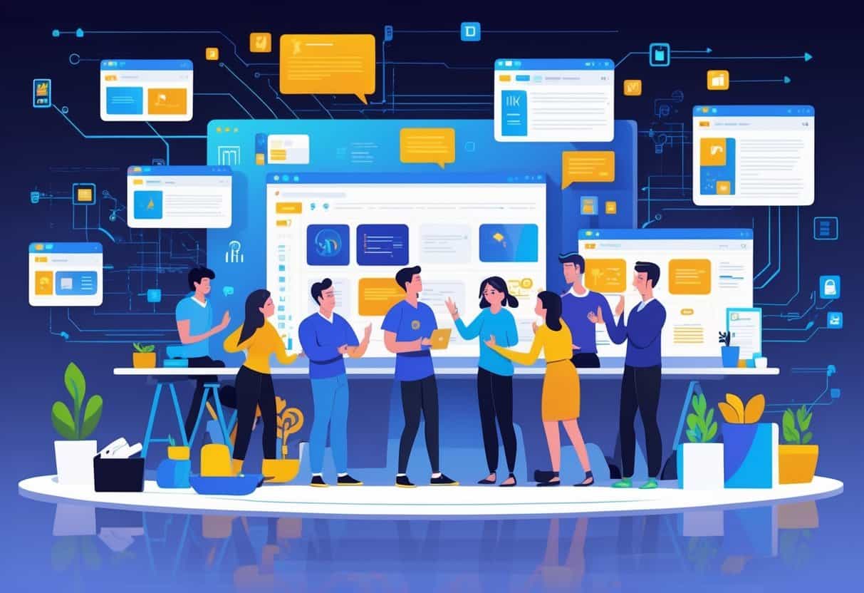 A group of diverse people working together surrounded by floating screens showing tech gadgets and software interfaces in a digital workspace.