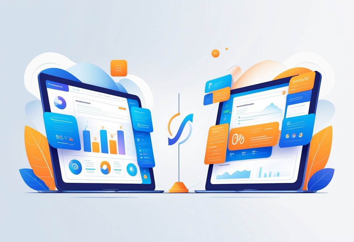 Two digital interfaces facing each other with charts and data elements, balanced by a scale symbolizing a comparison between two content optimization tools.