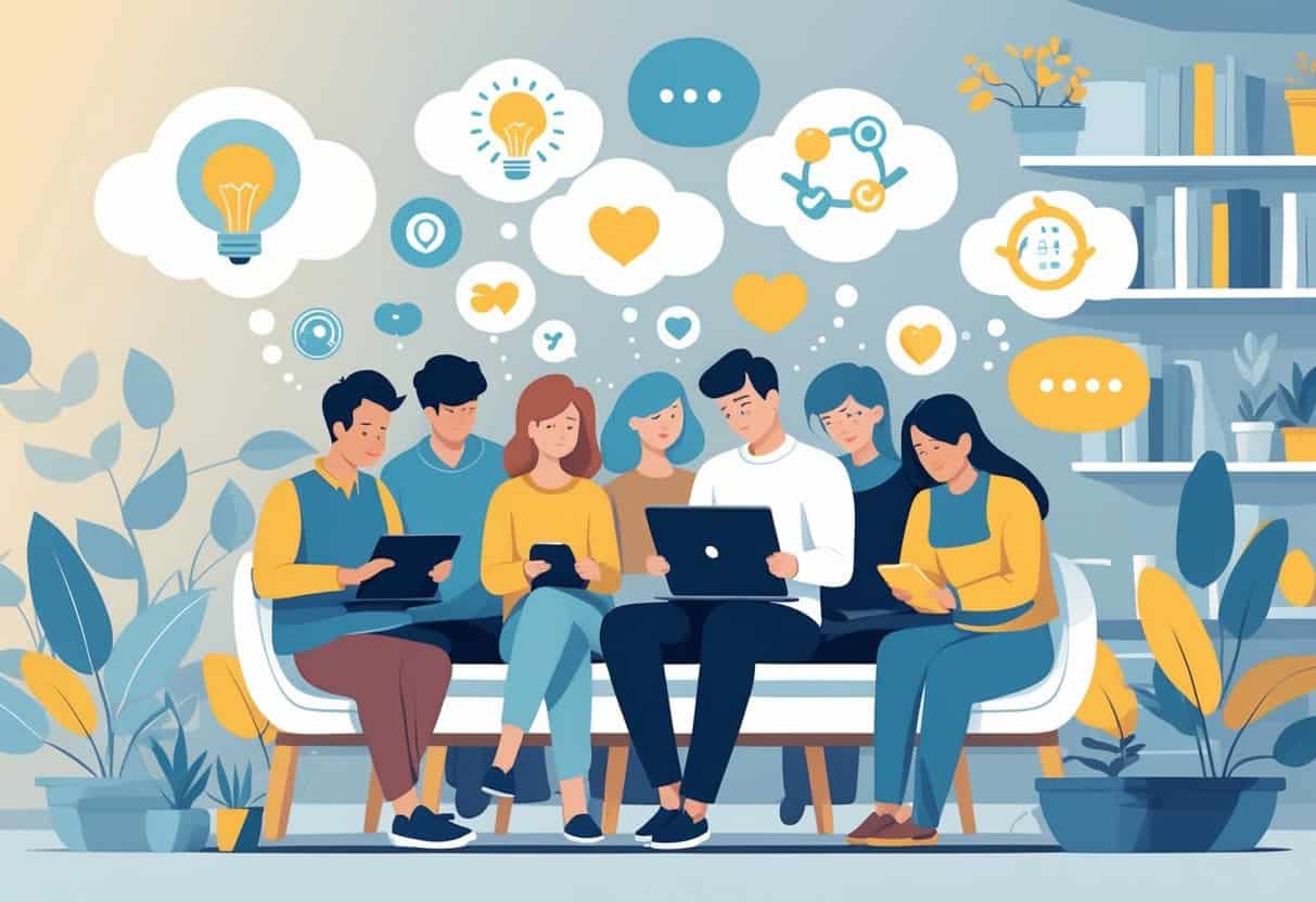 People using digital devices in a calm workspace, surrounded by thought bubbles and icons representing curiosity, emotion, and social interaction.