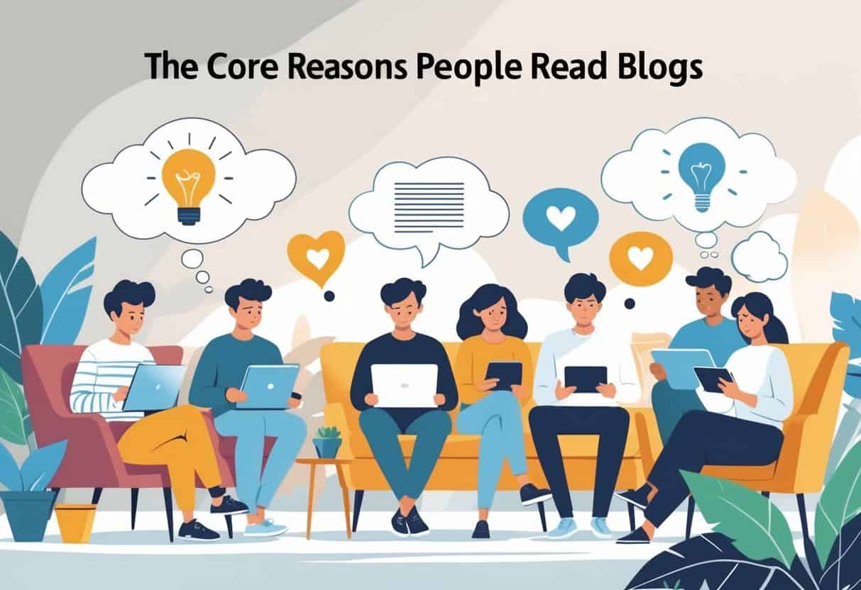 People reading digital content on laptops, tablets, and smartphones, showing emotions like curiosity, relaxation, and connection, surrounded by symbols representing ideas, emotions, exploration, and communication.